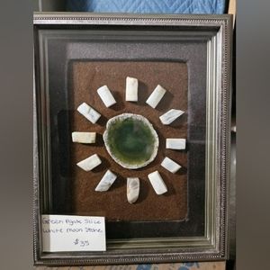 Green agate slice and white moon stone. Picture frame